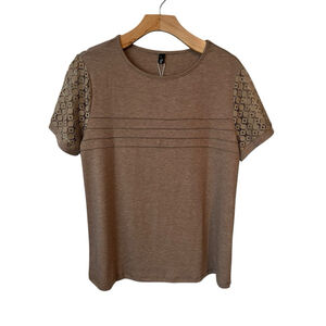 Sunbs Blouse Womens Large Beige Short Sleeve Lace Detail NWT